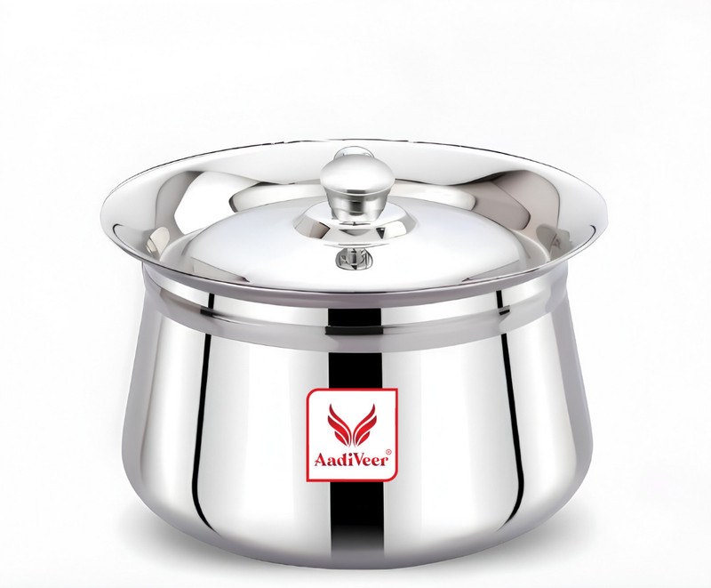 AadiVeer 700ml Heavy Guage Steel Handi/Milk Pot/Curd Handi With Lid Handi 0.7 L with Lid(Stainless Steel, Induction Bottom)