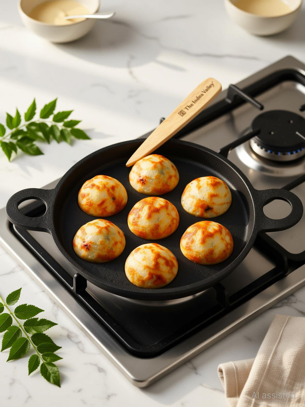 The Indus Valley Super Smooth Cast Iron Paniyaram Pan with Free Wooden Picker|7 Pit-7.4 inch Appachatty Pan 19 cm diameter 0 L capacity(Cast Iron, Induction Bottom)