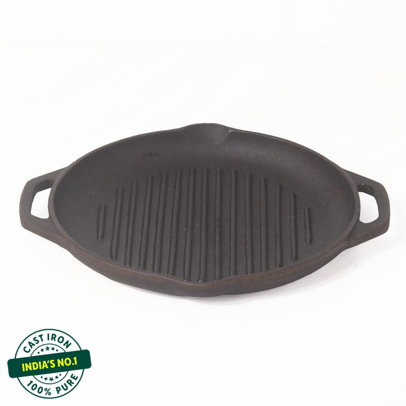 The Indus Valley Pre-Seasoned Cast Iron Fish Fry Pan with Double handle silicone grip - 9.8 inch Fry Pan 25 cm diameter 0 L capacity(Cast Iron, Non-stick, Induction Bottom)