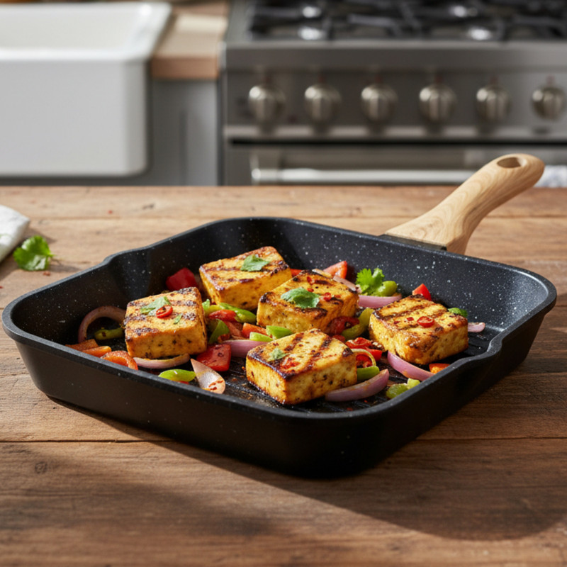 NSVL Non Stick Grill Pan with Striped Surface & Wooden Handle Non-Toxic Cookware Grill Pan 24 cm diameter 0.3 L capacity(Aluminium, Non-stick)