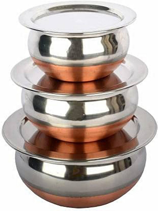 HM EVOTEK Steel Stainless Steel Handi with Lid Cooking Serving Pot 5 Pc, Biryani Handi A0 4.7 inch, 5.5 inch, 6.2 inch, 6.6 inch, 7.4 inch Lid, Pack of 10(Stainless Steel)