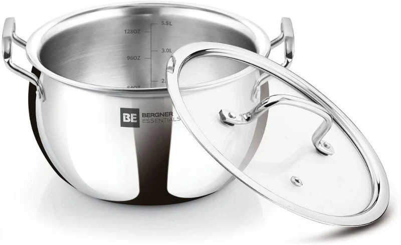 BERGNER BE Essentials Triply Induction Bottom Belly Shape 20cm Rice Handi 4 L with Lid(Triply, Stainless Steel, Induction Bottom)