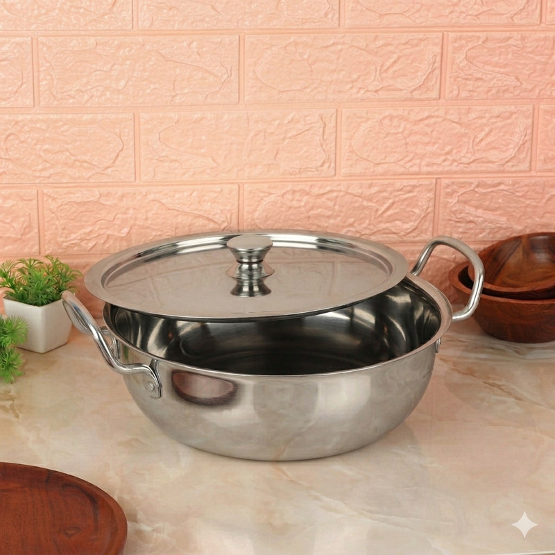 Bowls & More Flat Bottom Kadai | Heavyduty Stainless Steel Kadai | Heat-Resistant Handle | Kadhai 22 cm diameter with Lid 2 L capacity(Stainless Steel, Non-stick, Induction Bottom)
