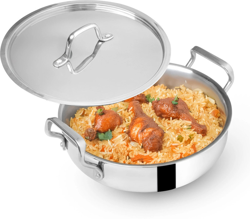 The Indus Valley Triply Stainless Steel Uruli with SS Lid - 9.44 inch Handi 3 L with Lid(Triply, Induction Bottom)