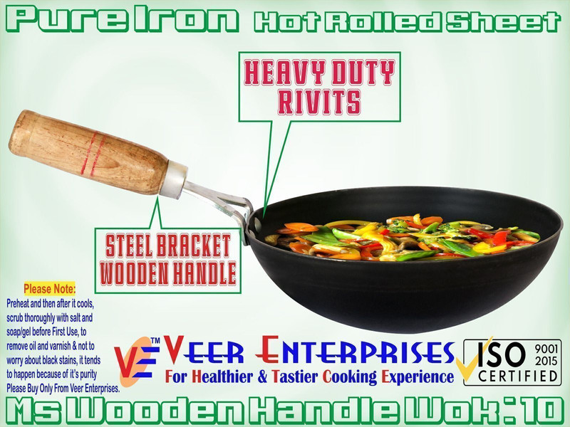 VeerEnterprises Pure Iron/Loha Black Deep Kadai/Wok With Wooden Handle 10 Inch Stir Fry Pan 25 cm diameter 2 L capacity(Iron)