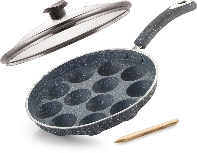 iVBOX Aqua-Granite 12 Cavity Heavy-Weight Appam Pan Paddu Paniyarakkal Maker Patra Appachatty Pan 25 cm diameter with Lid 1 L capacity(Aluminium, Non-stick)