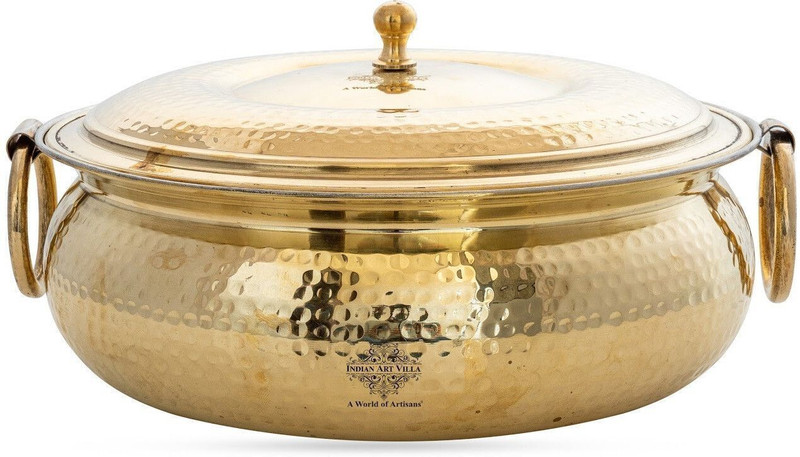 IndianArtVilla Brass Degchi with Hammered Design, Handle & Tin Lining – Cookware with Lid, 6Ltr Pot 31.24 cm diameter 6 L capacity with Lid(Brass)
