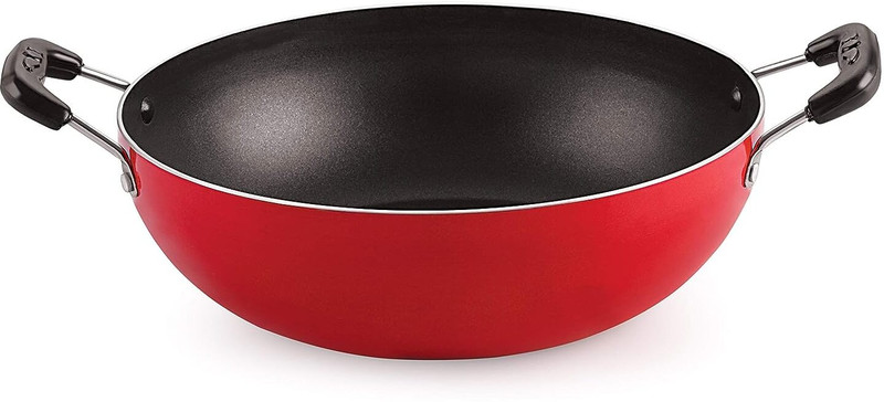 NIRLON Non-Stick Gas Stove Compatible Bottom deep Fry kadai - 21cm - 1.5 LTR [3mm, Red] Kadhai 21 cm diameter 1.5 L capacity(Aluminium, Non-stick)
