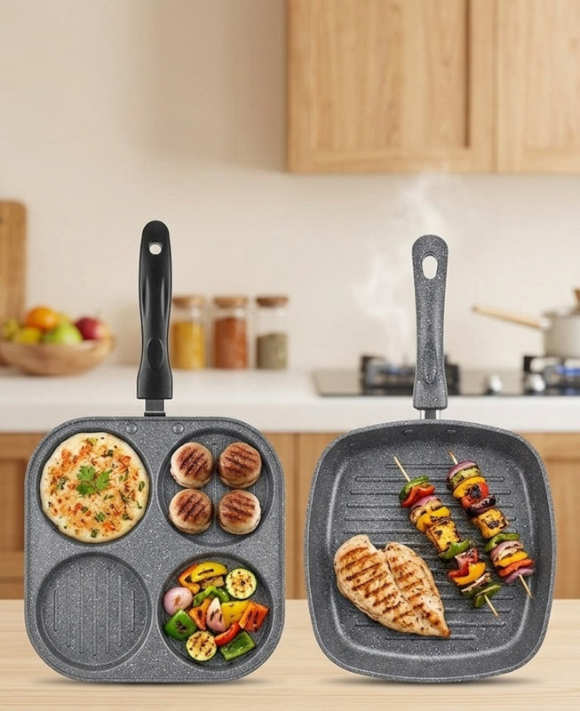 RBGIIT Uttapam Pan Combo 4 Slot + Grill Pan Gas Stove Easy Clean Non-Stick Coated Cookware Set(PTFE (Non-stick), 2 - Piece)