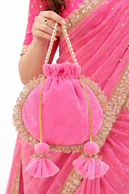 RagsNThreads Royal Pink Velvet Pearl Handle Potli Bag Potli