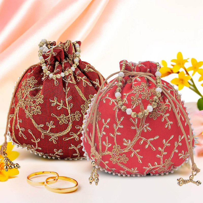 KUBER INDUSTRIES Pack of 2 Embroidery Potli Bags | Shagun Pouches | Maroon & Red Potli(Pack of 2)