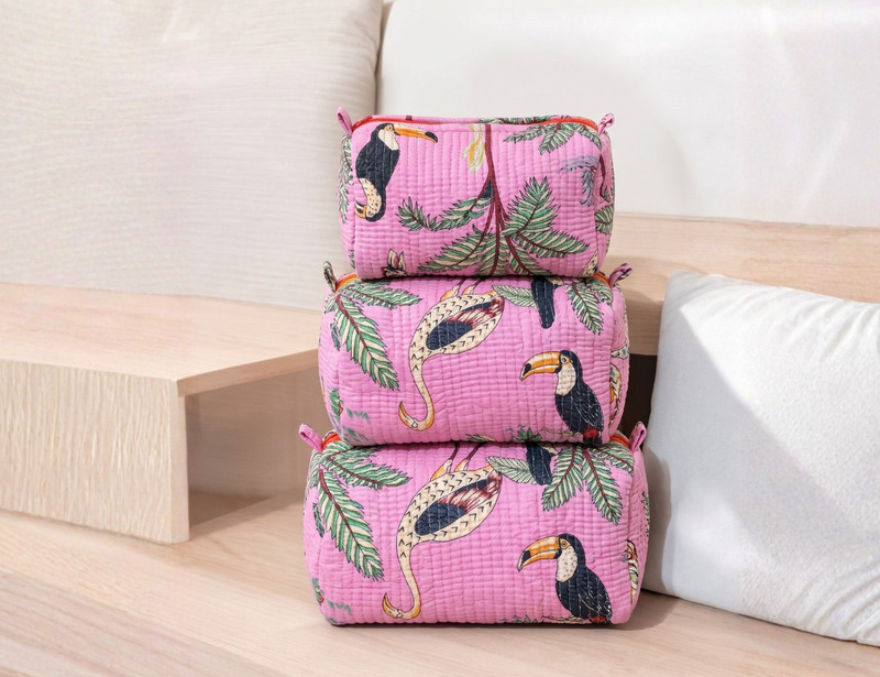 the artisan culture Quilted HandBlock Print Flamingo Pouch Cosmetic Bag(Pack of 3)