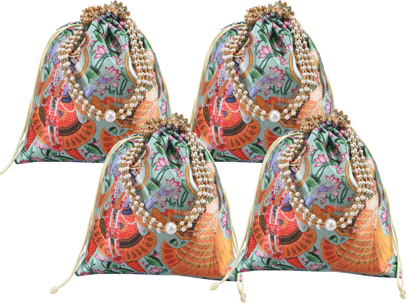 HOMESTIC 4 Pcs 8x9 Inch Radha Krishna Print Potli Bag For Women With Pearl Handles|Green Potli(Pack of 4)