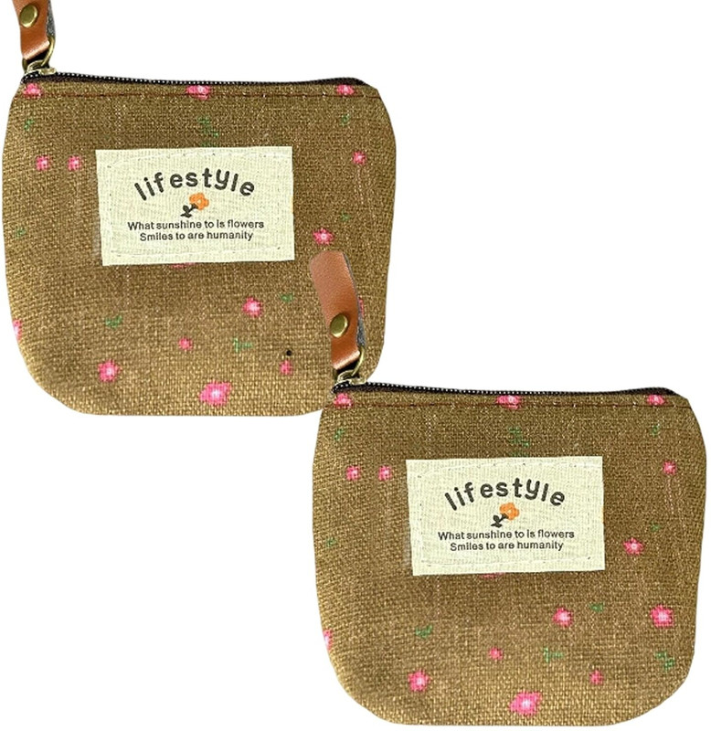 KRAPTICK Floral Print Canvas Coin Pouch with Zipper Closure Mini Wallet Coin Purse(Pack of 2)