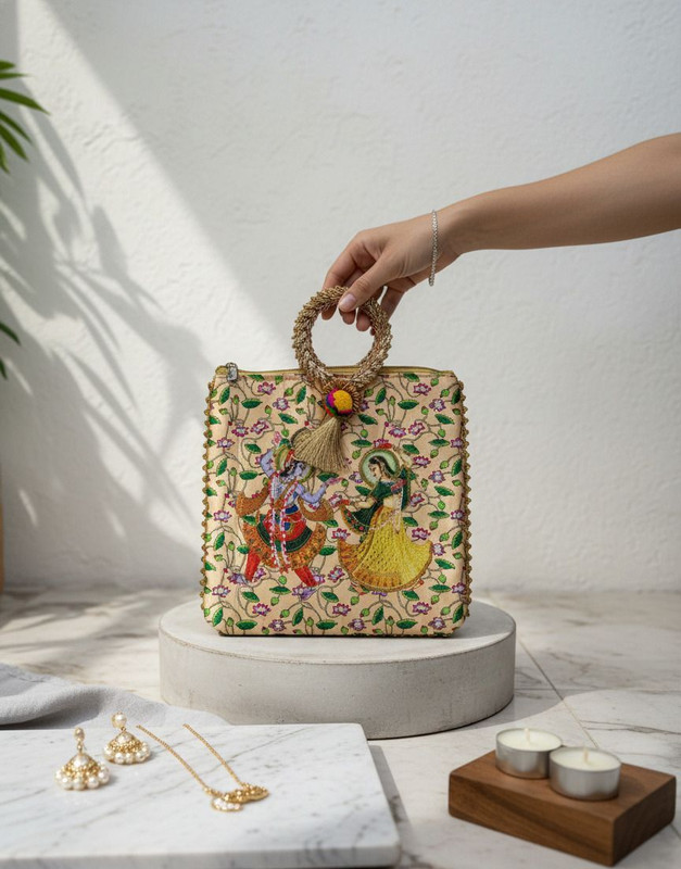 C Collection Radha Krishna Printed Ethnic Potli Clutch with Embroidered Handle Potli
