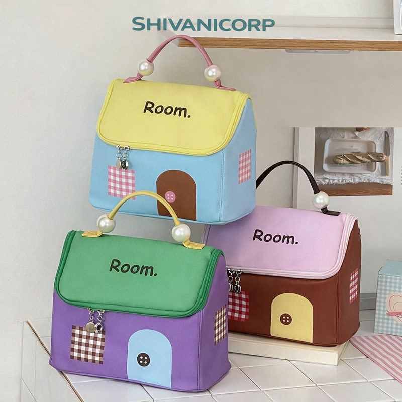 SHIVANI CORP Cute House Shaped Makeup Organizer Bag,Portable Cosmetic Storagewith PearlHandle Cosmetic Bag