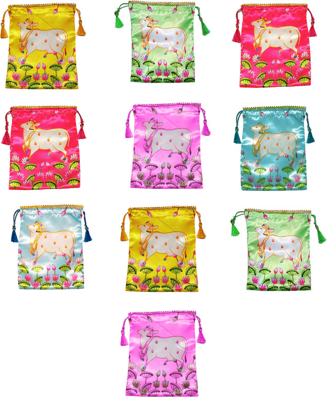 Epoojacart Pack of 10 Varalaxmi Devi Design Fabric Potli Bags - Potli Bags for Thamboolam Potli