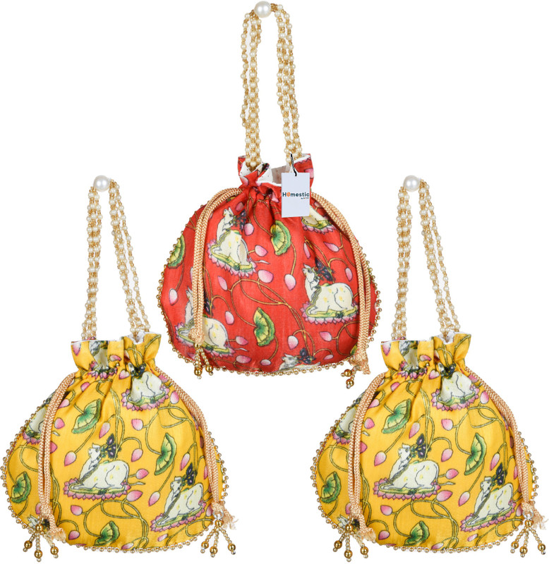 KUBER INDUSTRIES Silk Cow Patli Potli|Drawstring Beads Handle Shagun Potli|Pack of 4|Yellow Potli(Pack of 4)