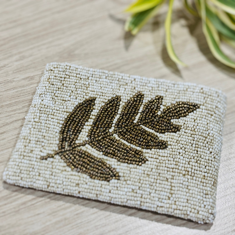 Bamboo Story Beaded Coin Purse for Women, White and Gold Leaf Design, Handcrafted Small Pouch Coin Purse