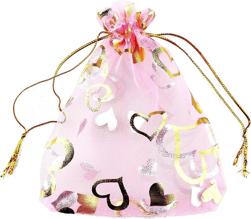 Brown Leaf 7X9 Cm Pink Printed Organza Potli Bags Jewellery Pouch Best for Wedding Diwali Potli(Pack of 10)