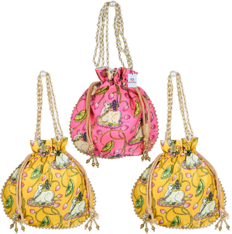 Heart Home Silk New Flower Embroidery Potli|Drawstring Beads Handle Potli|Pack of 2|Multi Potli(Pack of 2)
