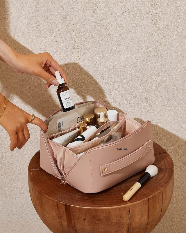 Prim Enterprise Large Capacity Cosmetic Travel Bag, Women's Makeup Travel Bag Portable Leather Cosmetic Bag