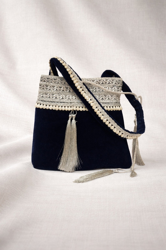 JDDCART Blue Velvet Handbag for women potli bag which opens to a small shoulder bag Wristlet