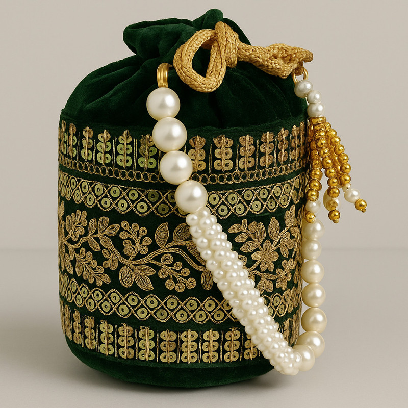 25DEGREE N Designer Maroon Velvet Embroidered Potli Bag with Pearl Handle for Women Potli