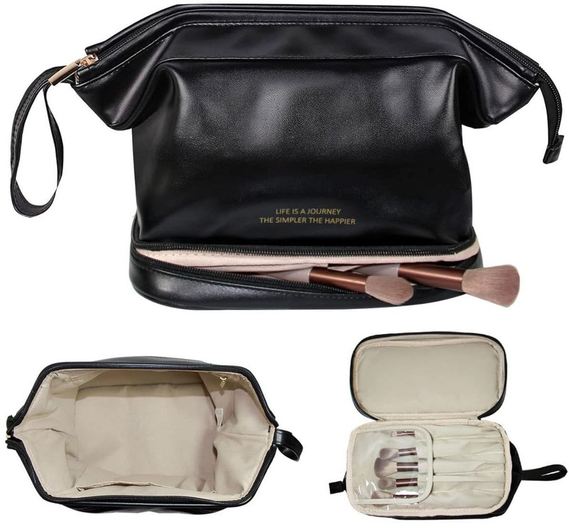 Dherik Tradworld Makeup Organizer Bag, Waterproof Leather Makeup Bag Cosmetic Bag