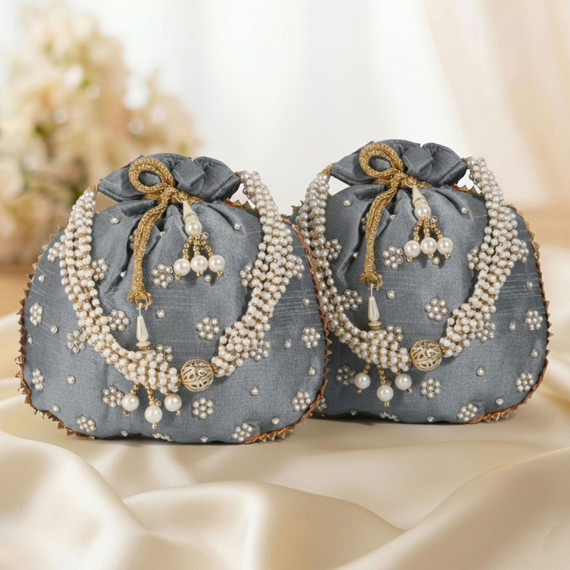 Kuber Indutries 2 Pcs Polyester 9x8 Inch Potli Bag with Drawstring Closure & Pearl Handle | Grey Potli(Pack of 2)