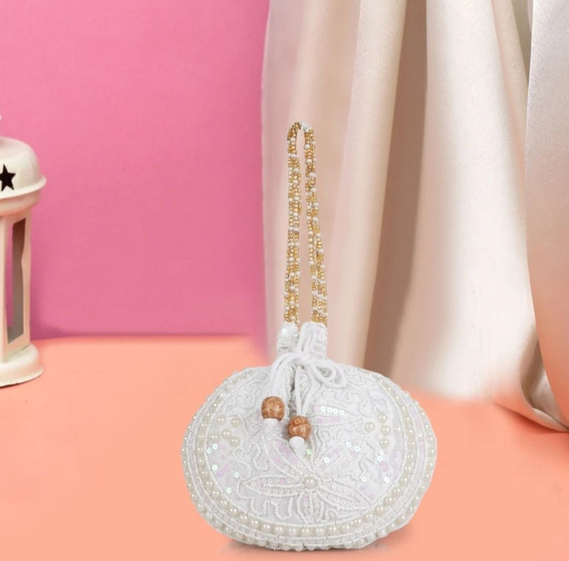 Elhem Handcrafted White Pearl Sequin Potli Bag for Women Bridal & Festive Ethnic Potli Potli