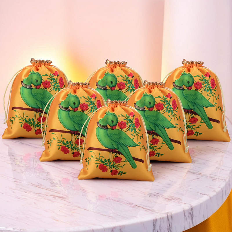 HOMESTIC 10 Pcs Satin 7x9 Inch Potli Bags for Women | Parrot Design - Yellow Potli(Pack of 10)