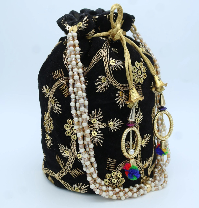 Radha's Velvet Sequence Round Potli With Pearl Handle Potli
