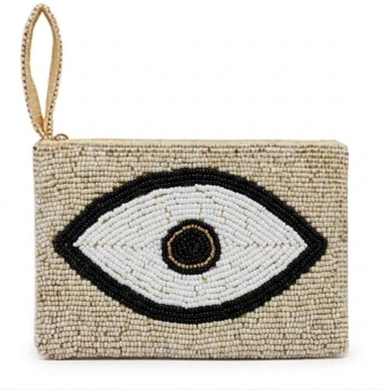 Bamboo Story Beaded Evil Eye Coin Purse for Women, White and Black, Boho Style Coin Purse