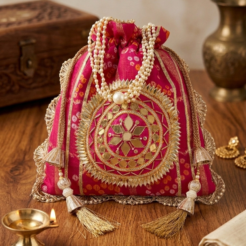byra Bhandej Ghatchola with Handwork Gotta Flower potli Potli