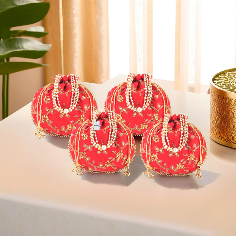 KUBER INDUSTRIES 4 Pcs Polyester Potli Bags for Women | Traditional Zari Work Potli Bag | Red Potli(Pack of 4)
