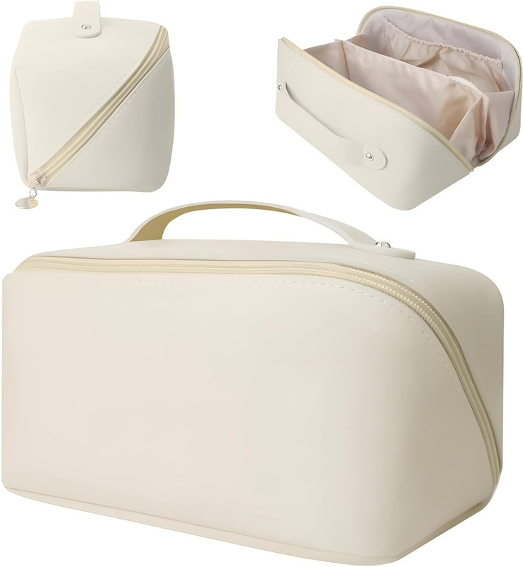 ANSHAURA White PU Leather Cosmetic Organizer Pouch with Handle for Makeup Storage Cosmetic Bag