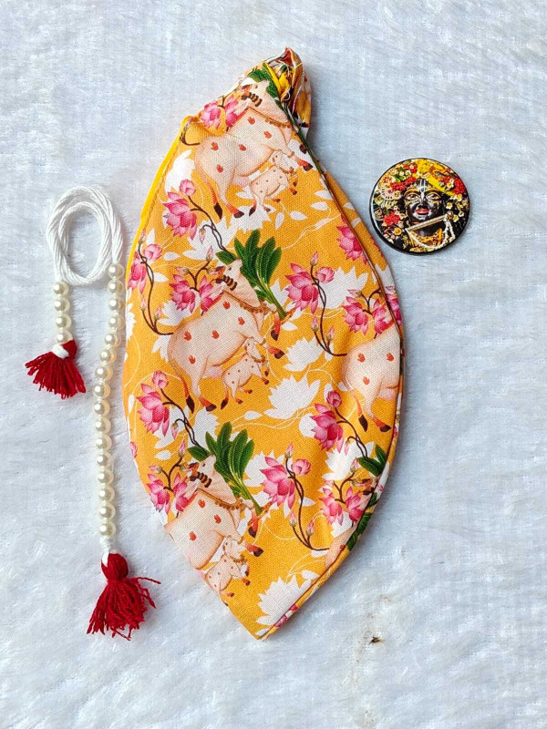 Kriddha Marketing Printed jaap bag for chanting with bead mala & badge (Orange) Potli