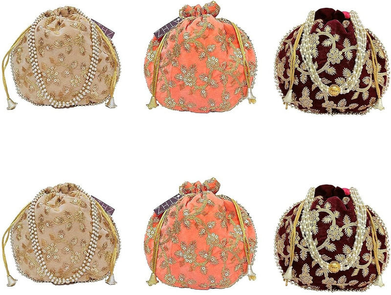 JDDCART Velvet potli for ladies traditional Indian Wrestle handbags with Drawstring Potli(Pack of 6)