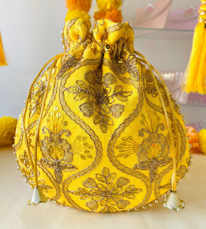 byra Golden Sequence Coding Work on Silk Potli Pouch Potli