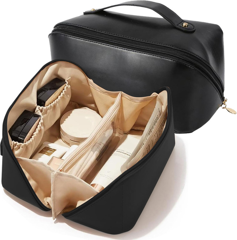 vnz BLACK Multipurpose PU Leather Organizer Pouch with Zipper and Top Handle Cosmetic Bag
