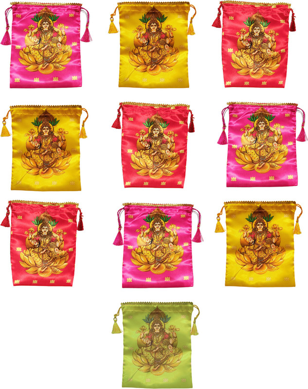 Epoojacart Pack of 10 Varalaxmi Devi Design Fabric Potli Bags - Potli Bags for Thamboolam Potli