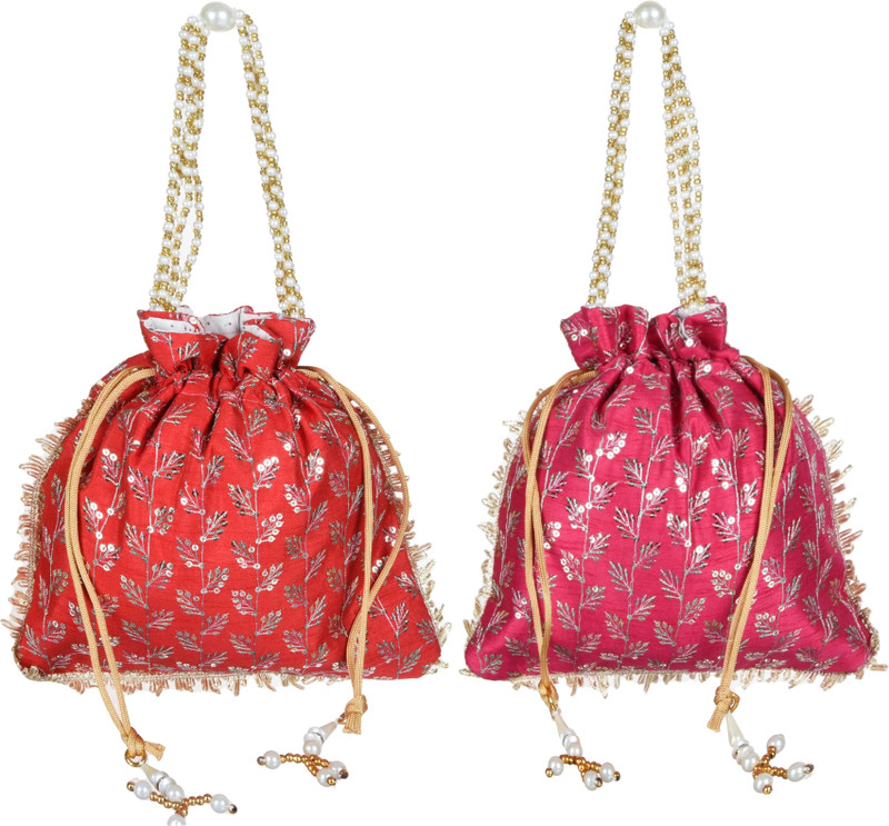 Heart Home Silk Square Embroidery Potli|Drawstring Traditional Shagun Potli|Pack of 2|Red Potli(Pack of 2)