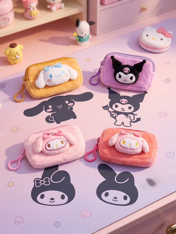 World Gift Mart Soft Plush Cartoon Coin Pouch Zipper Wallet Keychain Pack of 4 Combo Set Coin Purse(Pack of 4)