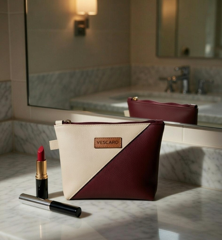 VESCARO Diagnol Designer Maroon/Beige Cosmetic Bag
