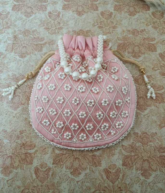 style and shine Pink Embroidered Pearl Work Potli Bag Potli