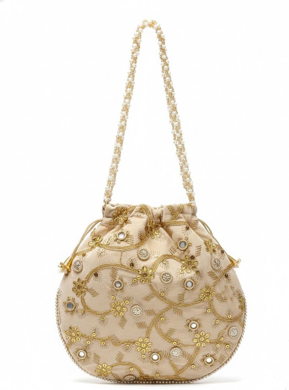 ETHNIC WAY Cream Gold Embroidered Potli Bag for Women Potli