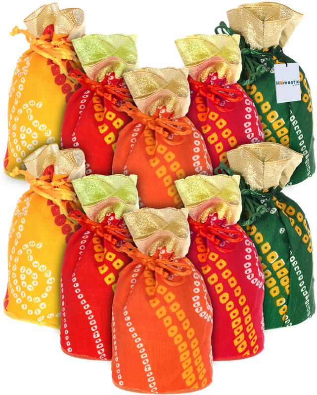 HOMESTIC Multiuses Bandhej Print Potli Bag for women With Drawstring Set of 10 (Assorted) Potli(Pack of 10)