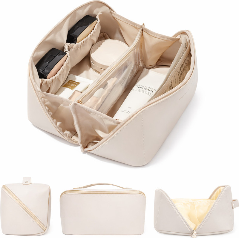 ANSHAURA White PU Leather Cosmetic Organizer Makeup Pouch With Handle Storage Cosmetic Bag