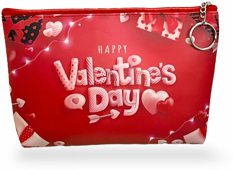 Le Delite Valentines Day Makeup Pouch Vanity Case| Red Heart Happy Valentines Day Cosmetic Coin Purse